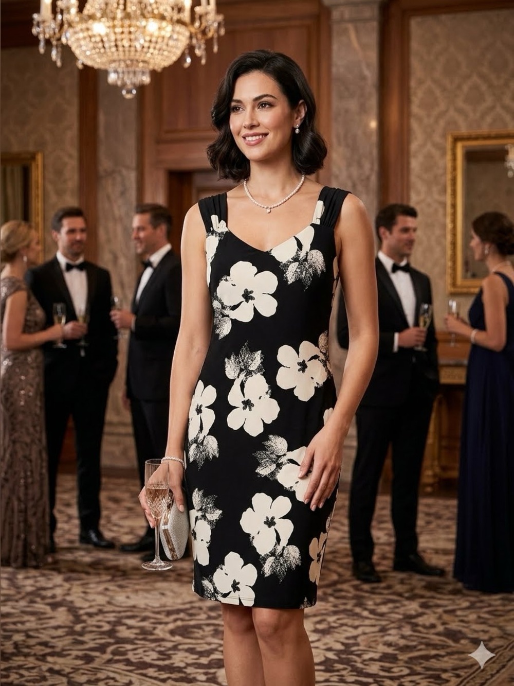 Floral Elegance Black and White Lightweight Sleeveless Midi Dress Size S